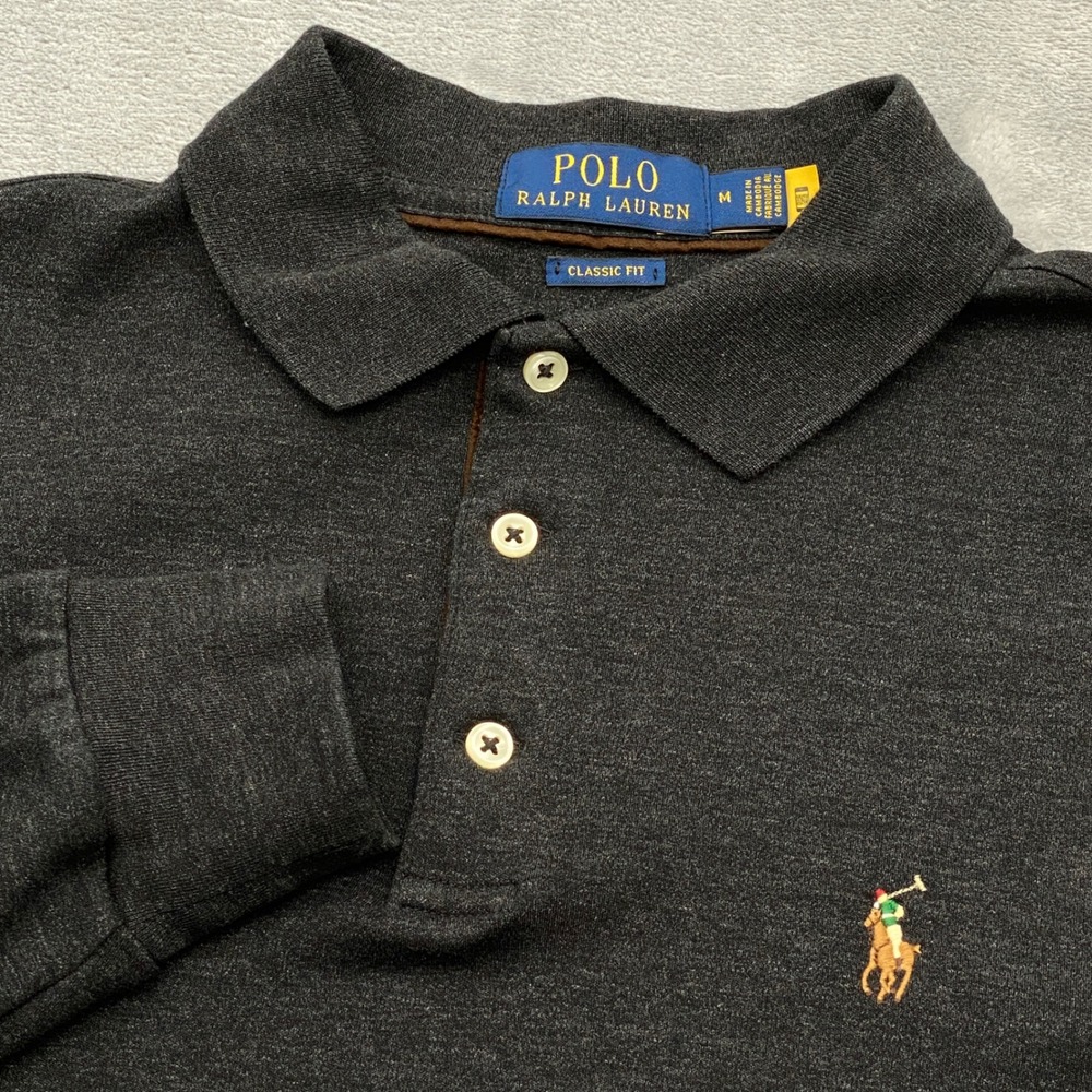 Polo Ralph Lauren Mens Medium Classic Fit Long Sleeve Polo Shirt Charcoal Grey
